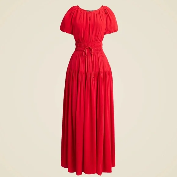 New JCREW Sz S Elena Puff-Sleeve Dress in Dotted Crepe de Chine Ruby $188 CF774 - Picture 4 of 5